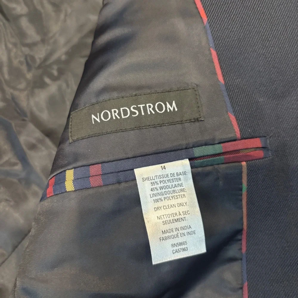Nordstrom Boys Navy Blue Wool Blend Blazer Jacket Size 14 Formal Sport Coat